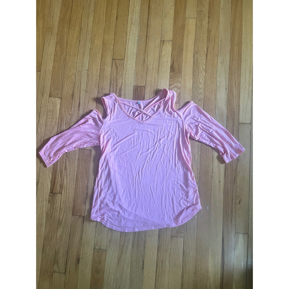 Pink Cold Shoulder Crisscross V-Neck 3/4 Sleeve Rayon Blend Top Medium - Picture 4 of 4